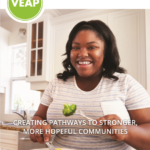 Photo of young African American woman eating a healthy meal in her home with the text 2019 Annual Report on top.